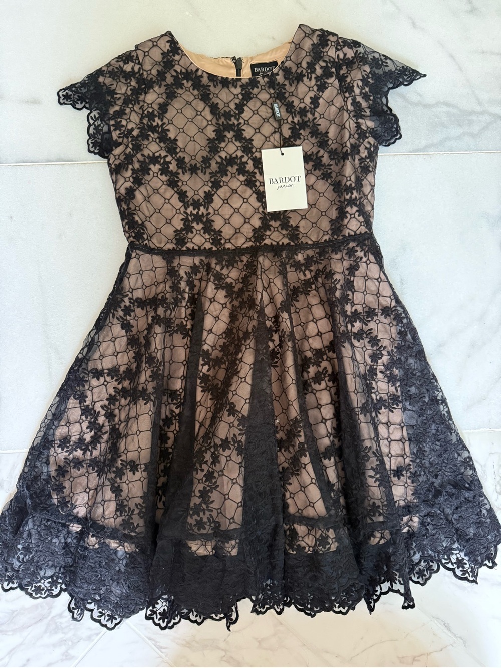 Bardot Black Lace Dress with Blush Lining